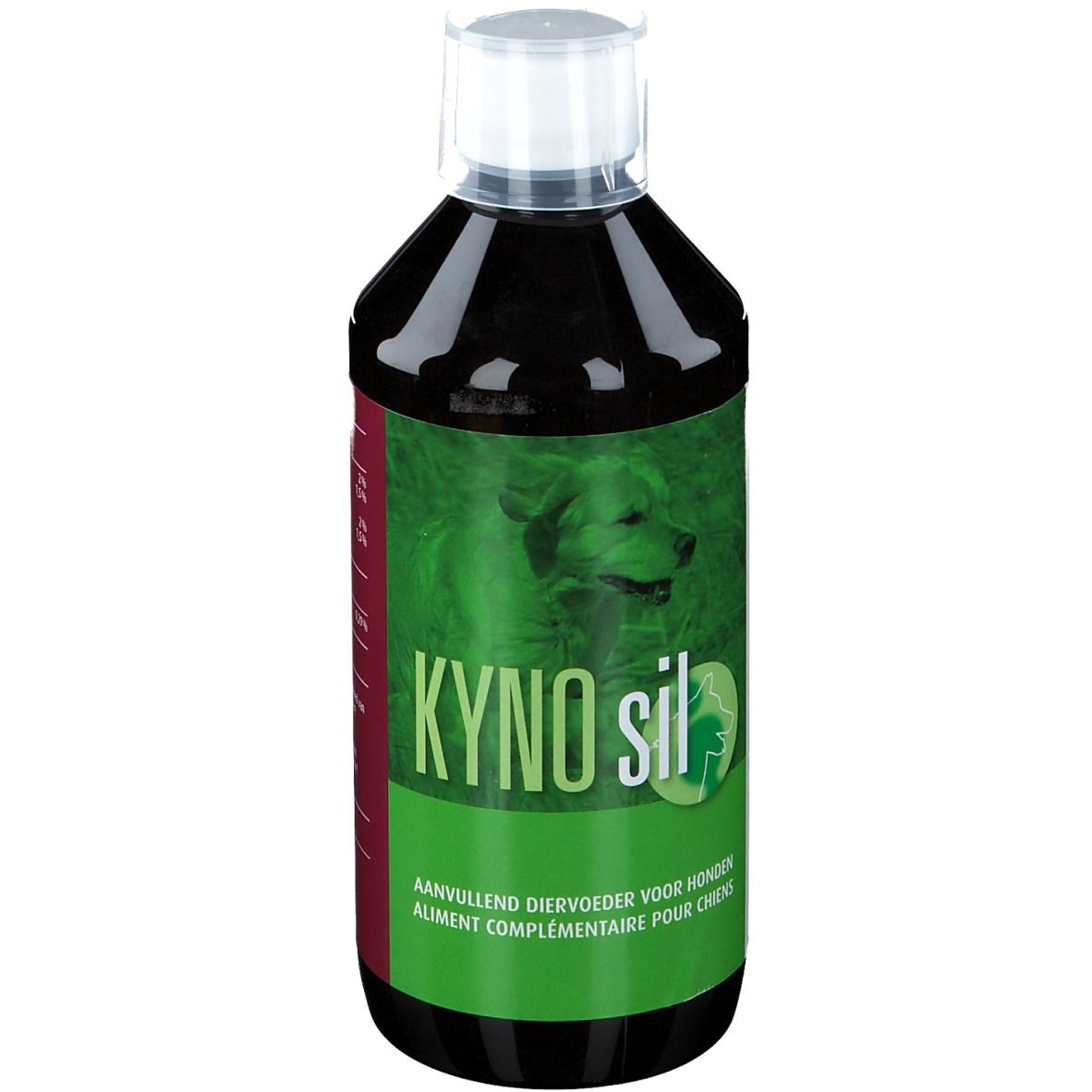 Liquide brun en bouteille à bouchon blanc. L'étiquette indique "KYNO sil" et un chien.