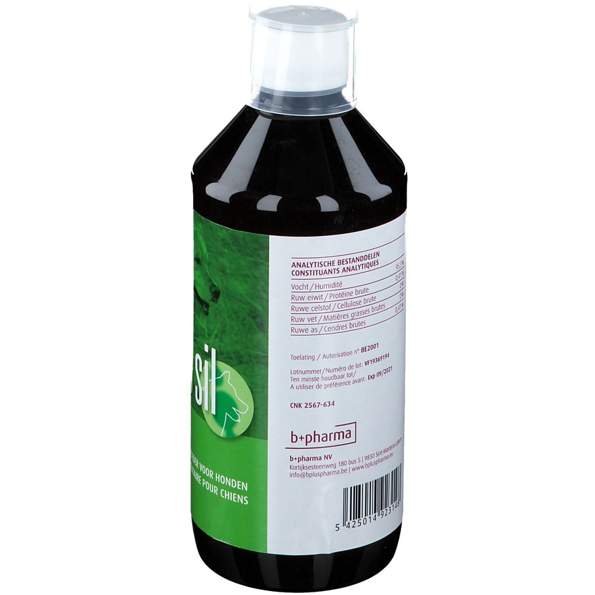 Vue arrière d'une bouteille de liquide brun. Étiquette avec composants analytiques et informations du fabricant.