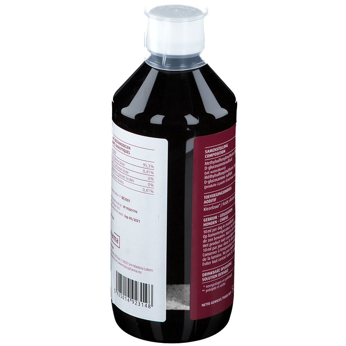 Bouteille de liquide brun. Étiquette avec ingrédients et instructions de dosage. Bouchon blanc.