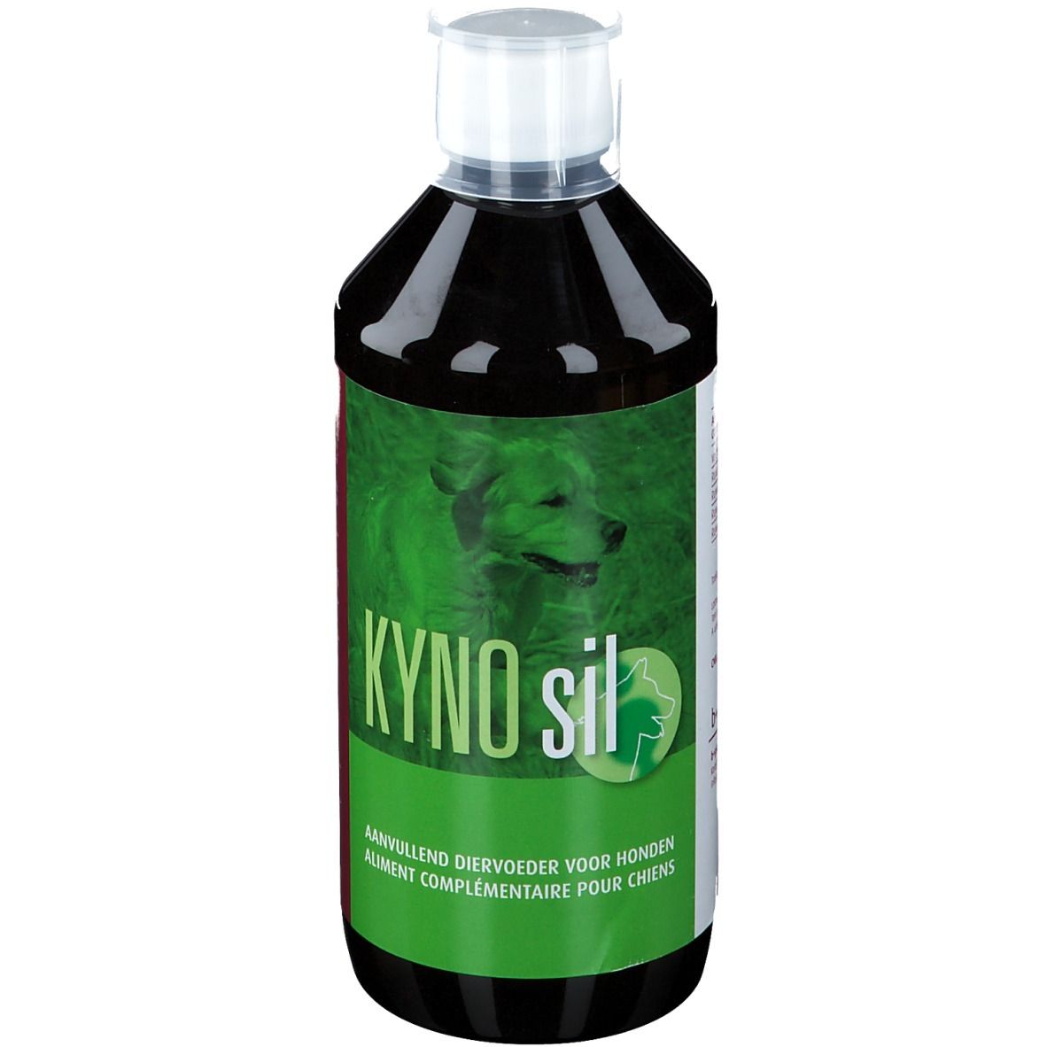 Bouteille de liquide brun, bouchon blanc. Étiquette avec "KYNO sil" et un chien.