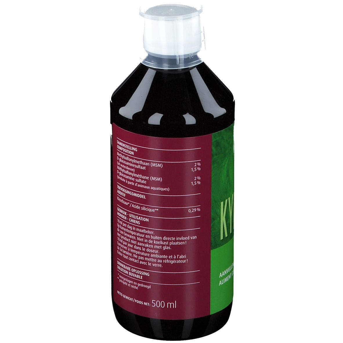Bouteille de liquide brun. Étiquette avec ingrédients et instructions de dosage. Volume : 500 ml.