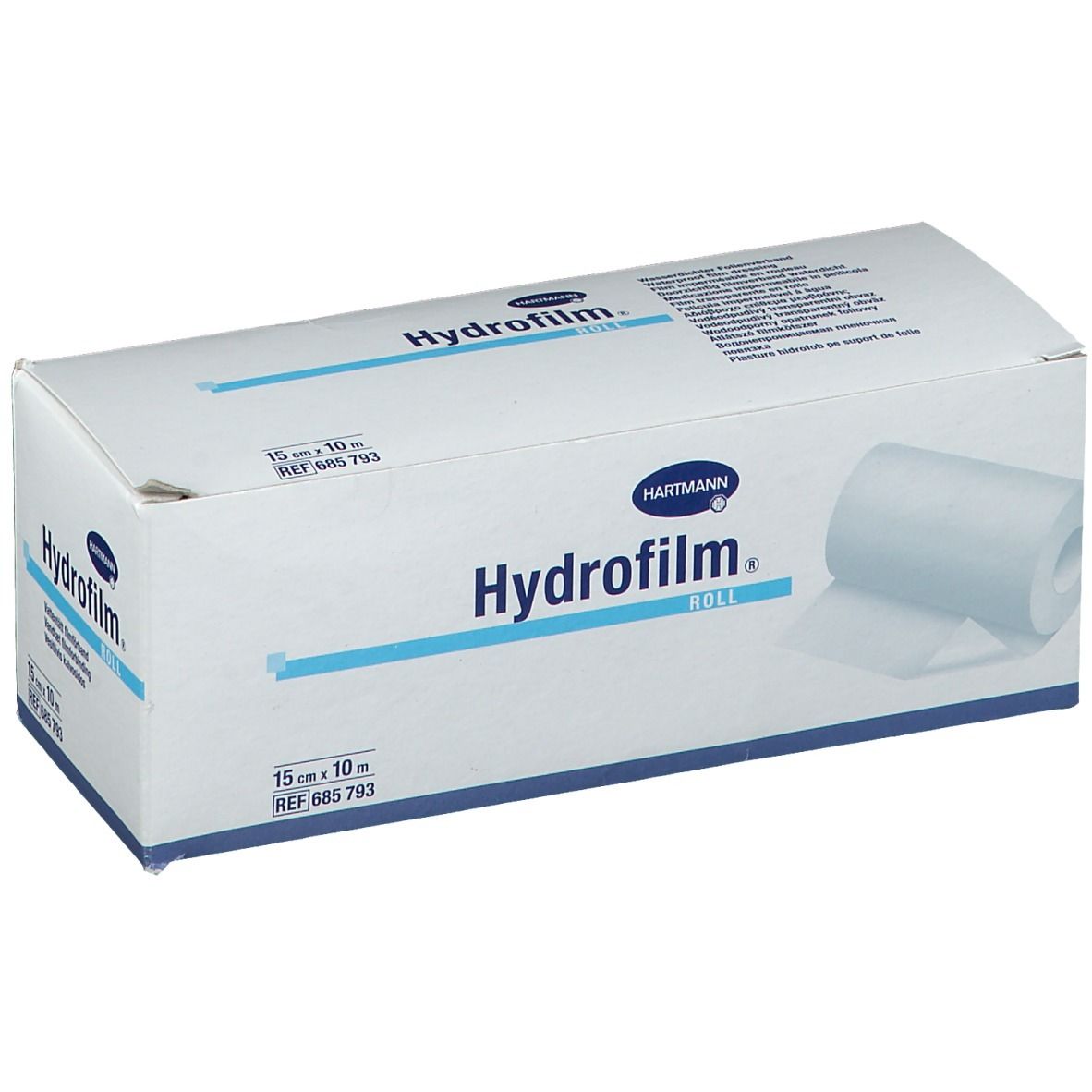 Rouleau Hydrofilm, 15 cm x 10 m, emballage blanc. Logo Hartmann. Informations produit sur l'emballage.
