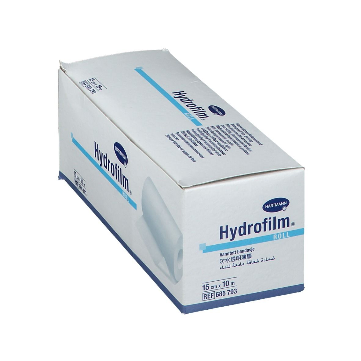 Rouleau Hydrofilm en emballage. 15 cm x 10 m. Logo Hartmann. Informations produit multilingues sur l'emballage.