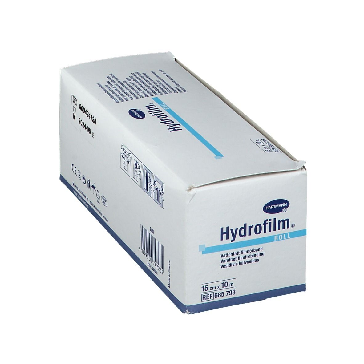 Rouleau Hydrofilm en emballage. 15 cm x 10 m. Logo Hartmann. Informations produit et pictogrammes sur l'emballage.