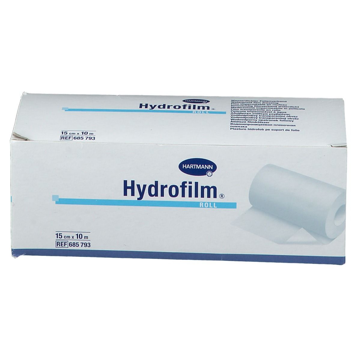 Rouleau Hydrofilm en emballage. 15 cm x 10 m. Logo Hartmann. Informations produit sur l'emballage. Rouleau partiellement visible.