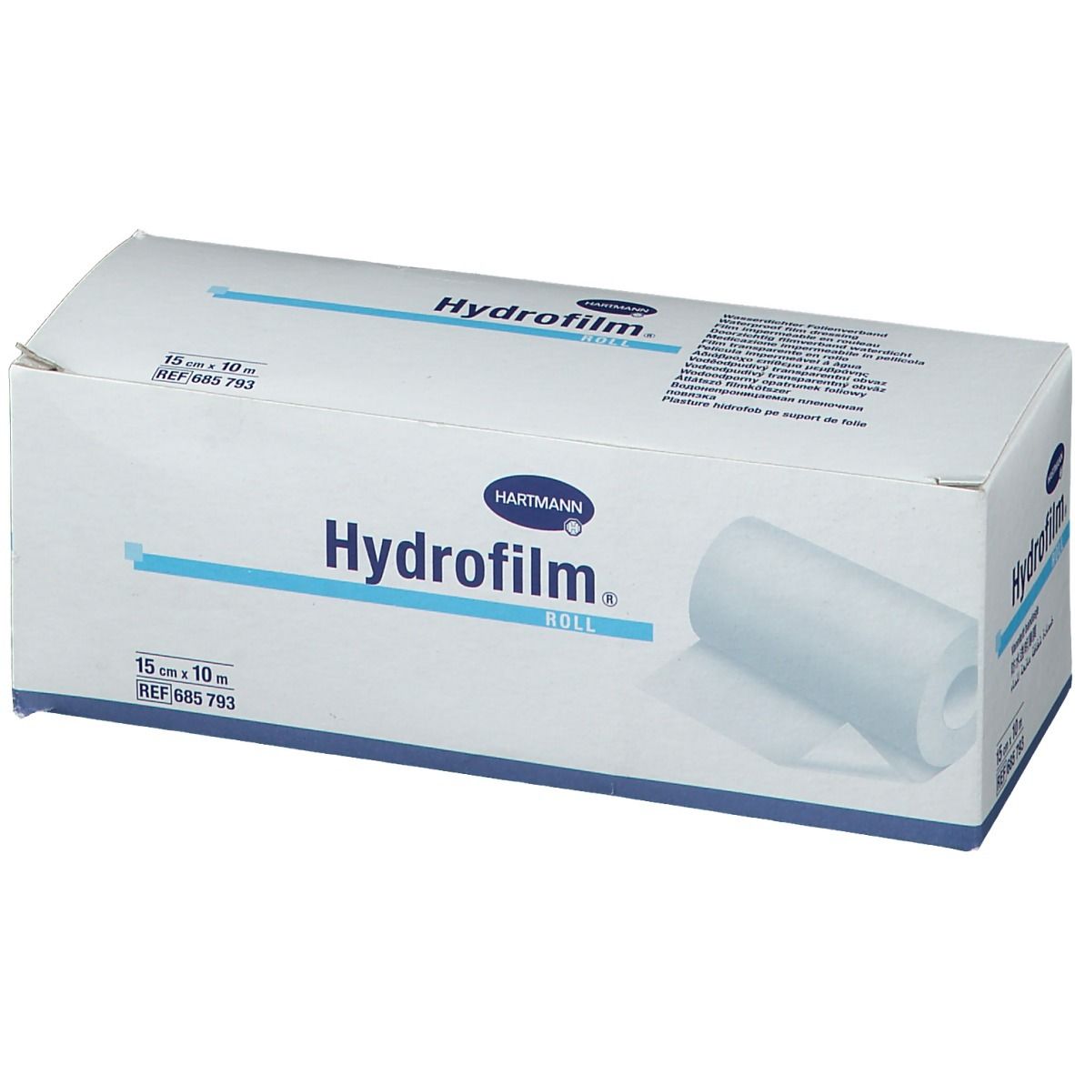 Rouleau Hydrofilm en emballage. 15 cm x 10 m. Logo Hartmann. Informations produit sur l'emballage. Rouleau partiellement visible.