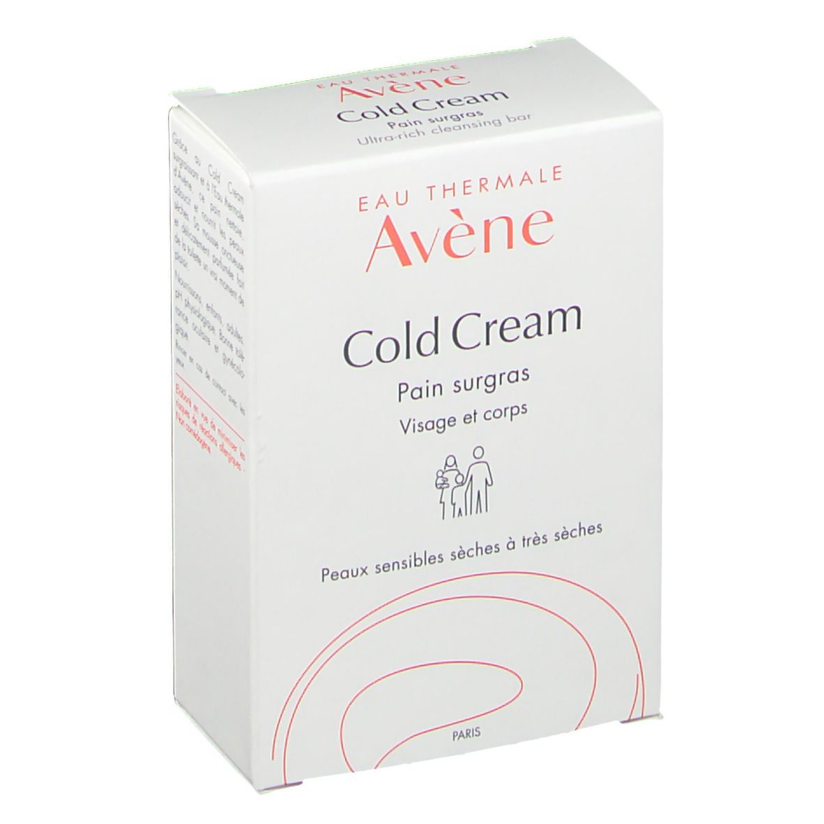 Boîte blanche. Logo et nom du produit : Cold Cream. Texte : Pain surgras, Visage et corps. Pour peaux sensibles sèches à très sèches.