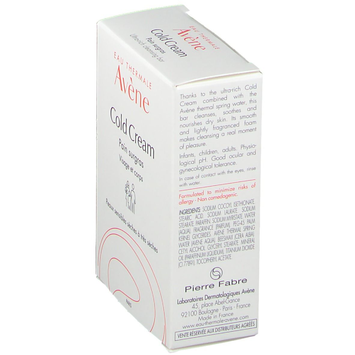 Boîte blanche, vue latérale. Logo et nom du produit : Cold Cream. Texte : Pain surgras, Visage et corps. Ingrédients et informations fabricant.