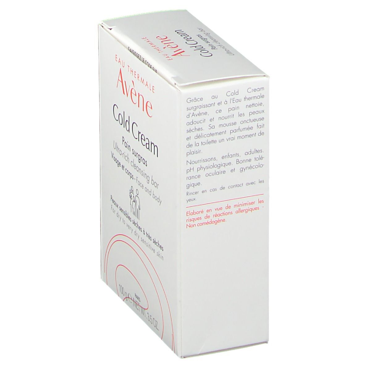 Boîte blanche, vue en biais. Logo et nom du produit : Cold Cream. Texte : Pain surgras, Visage et corps. Pour peaux sensibles.