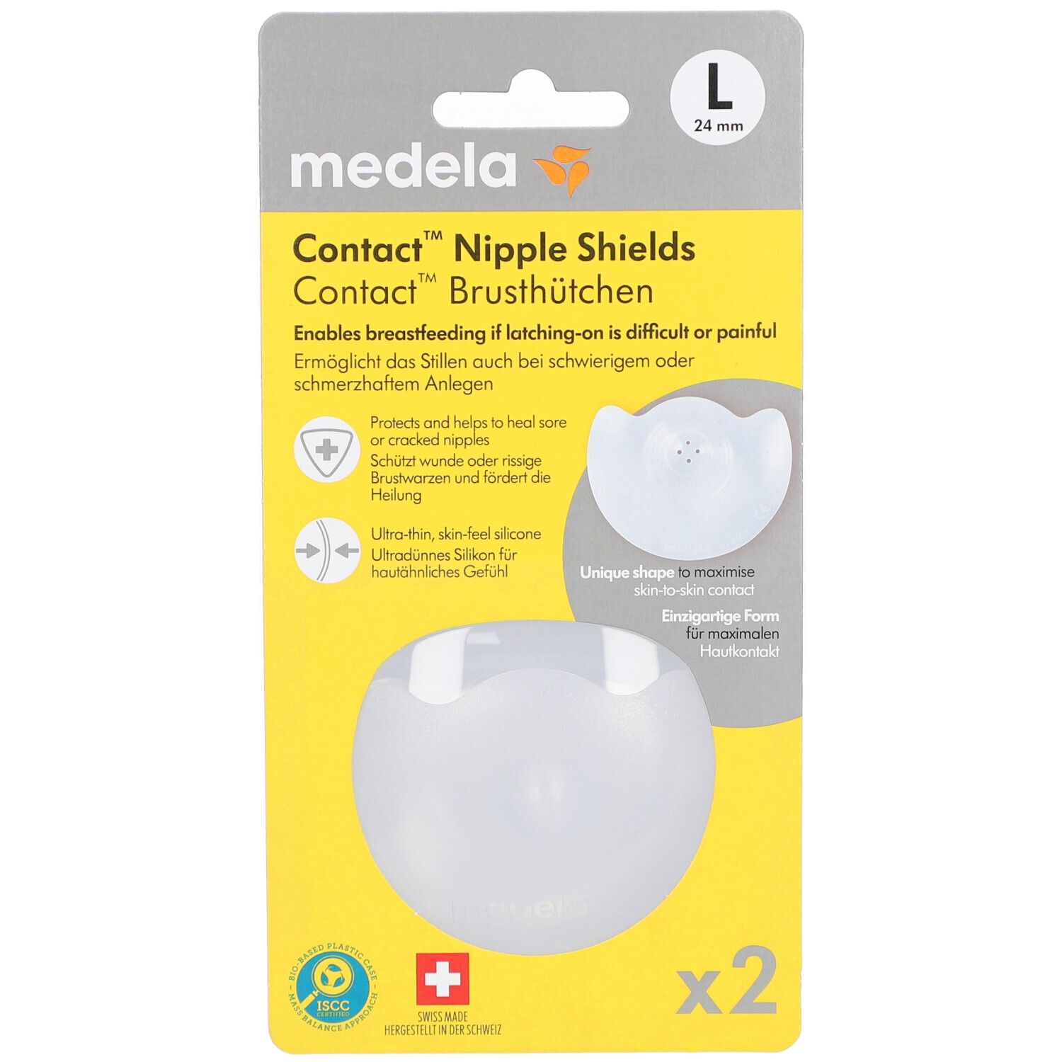 Emballage de deux protège-mamelons Medela Contact, taille L 24 mm. Protège-mamelons en silicone transparents, emballage jaune.