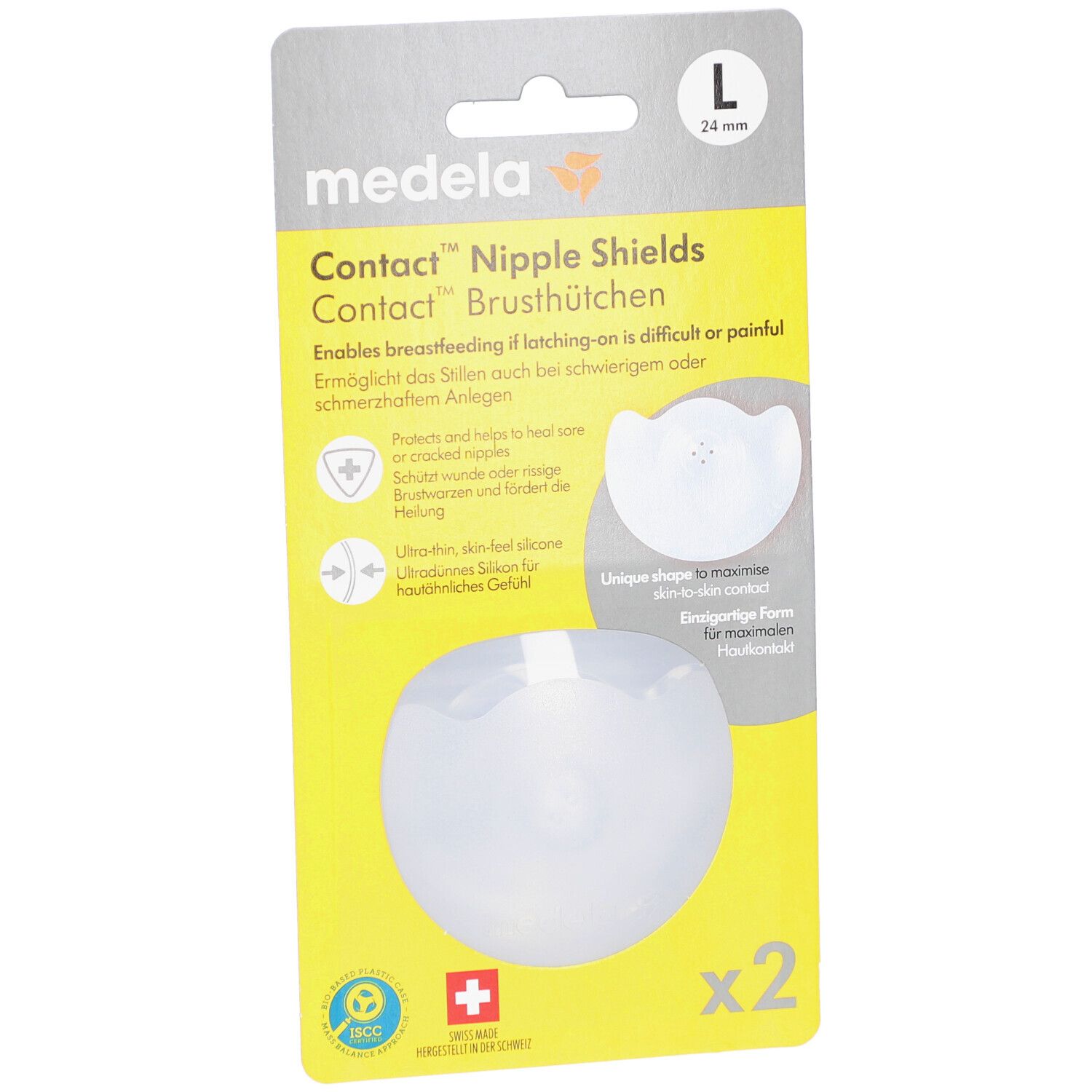 Emballage Medela Contact protège-mamelons, taille L, 24 mm. Emballage jaune avec illustration du produit et deux protège-mamelons.