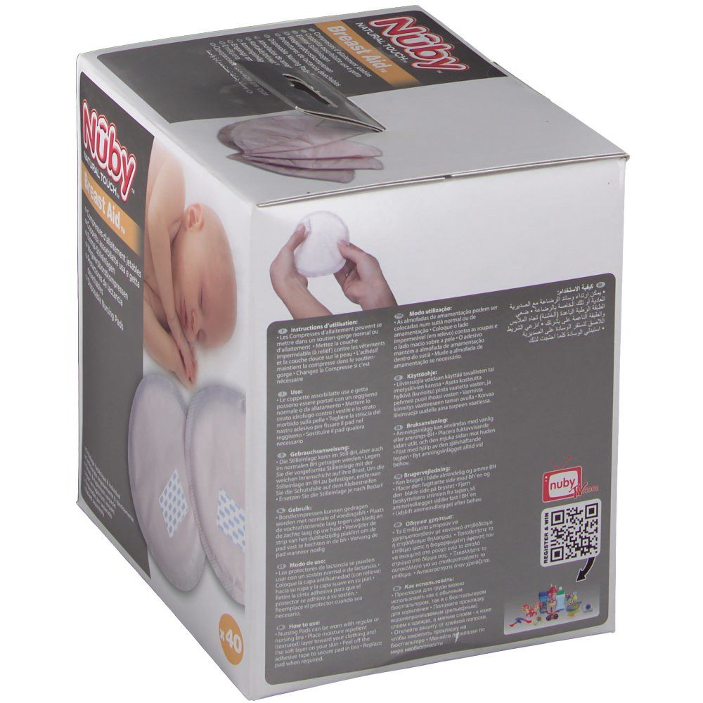 Boîte de coussinets d'allaitement. Marque Nûby. 40 pièces. Image et texte.