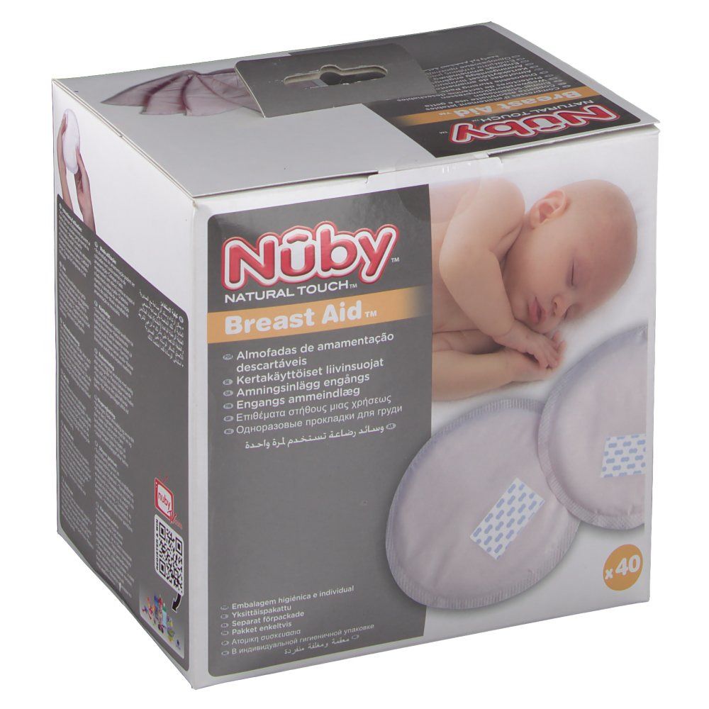 Boîte de coussinets d'allaitement. Marque Nûby. 40 pièces. Image et texte.