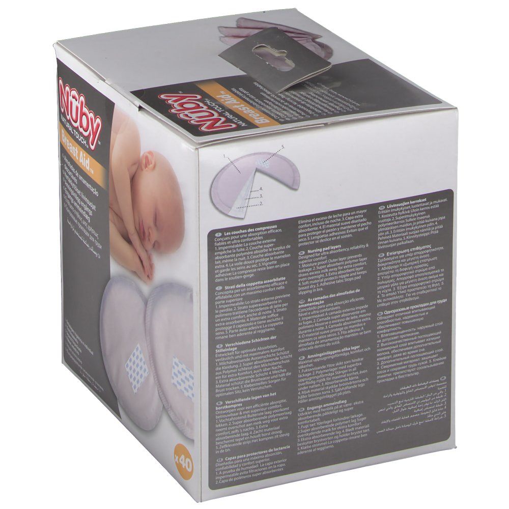 Boîte de coussinets d'allaitement. Marque Nûby. 40 pièces. Image et texte.