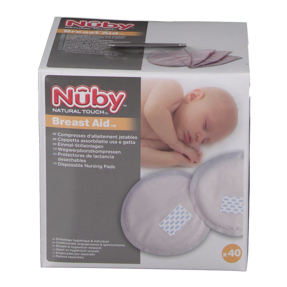 Boîte de coussinets d'allaitement. Marque Nûby. 40 pièces. Image et texte.