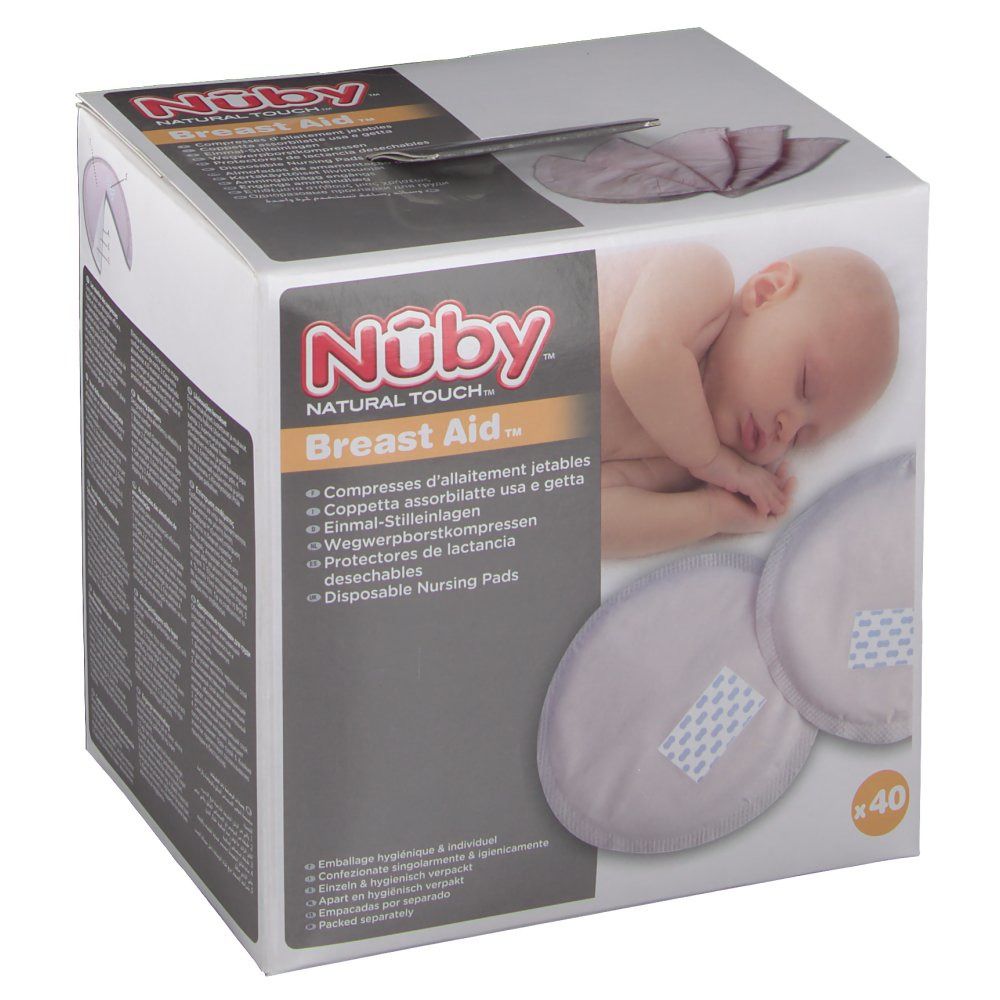 Boîte de coussinets d'allaitement. Marque Nûby. 40 pièces. Image et texte.