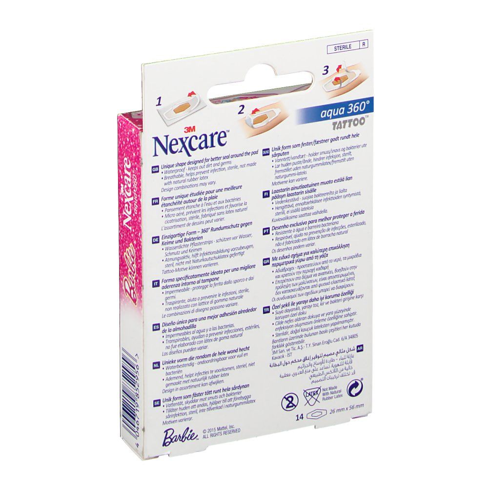 Dos de la boîte de pansements Nexcare Aqua 360 Tattoo Barbie. Texte multilingue. Contient informations et instructions.