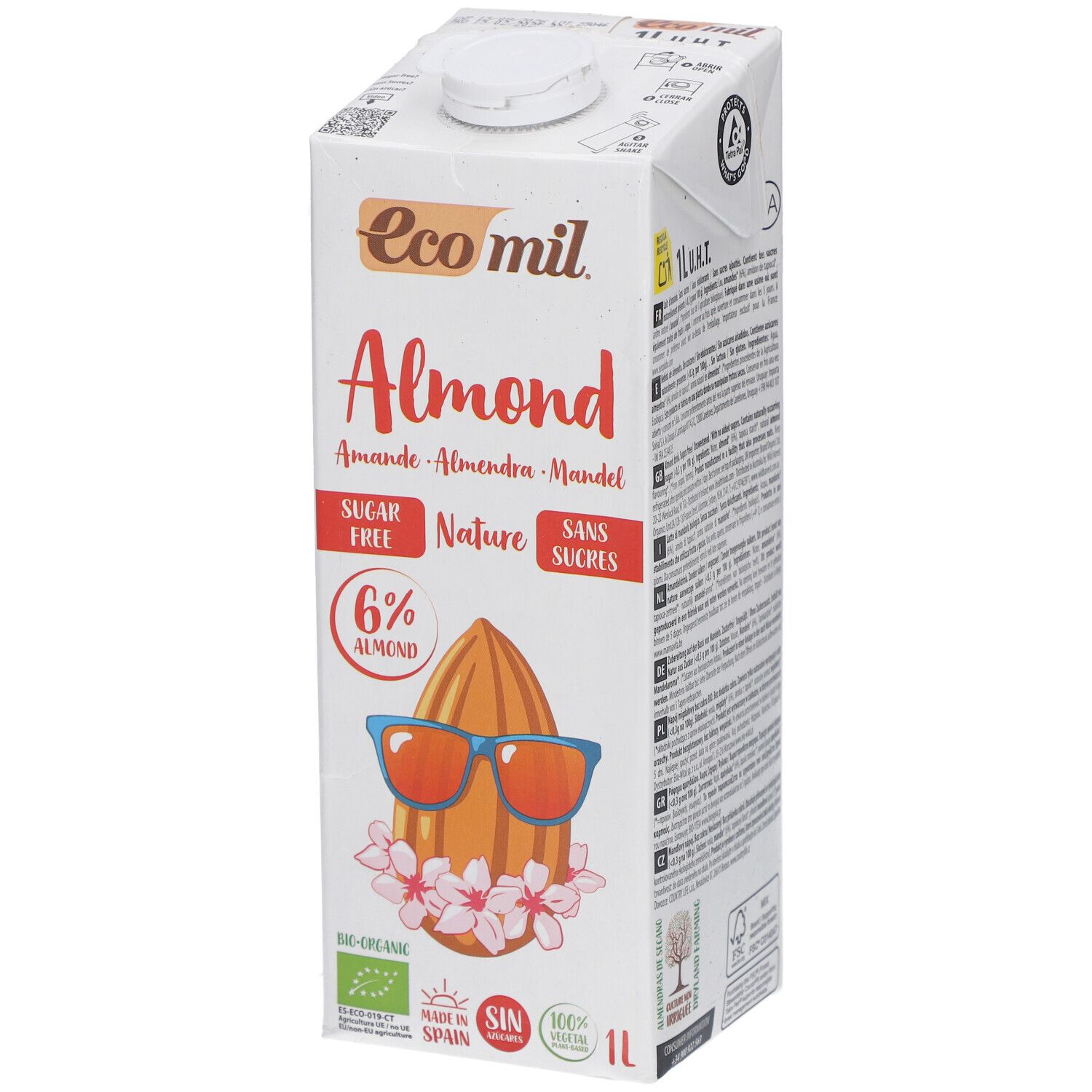 Brique Ecomil Almond. Inscription Almond, sans sucre, 6% amande. Illustration d'une amande avec des lunettes de soleil et des fleurs.