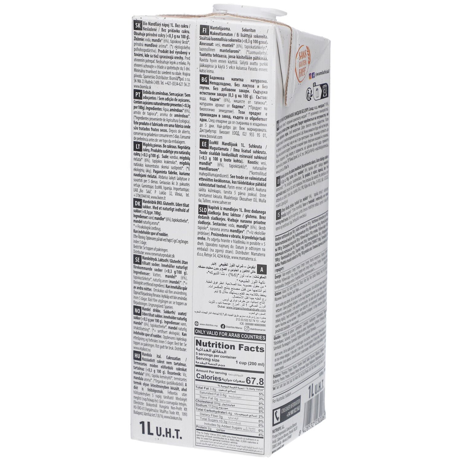 Vue latérale de la brique Ecomil Almond. Texte en plusieurs langues. Inscription 1L. Informations nutritionnelles.
