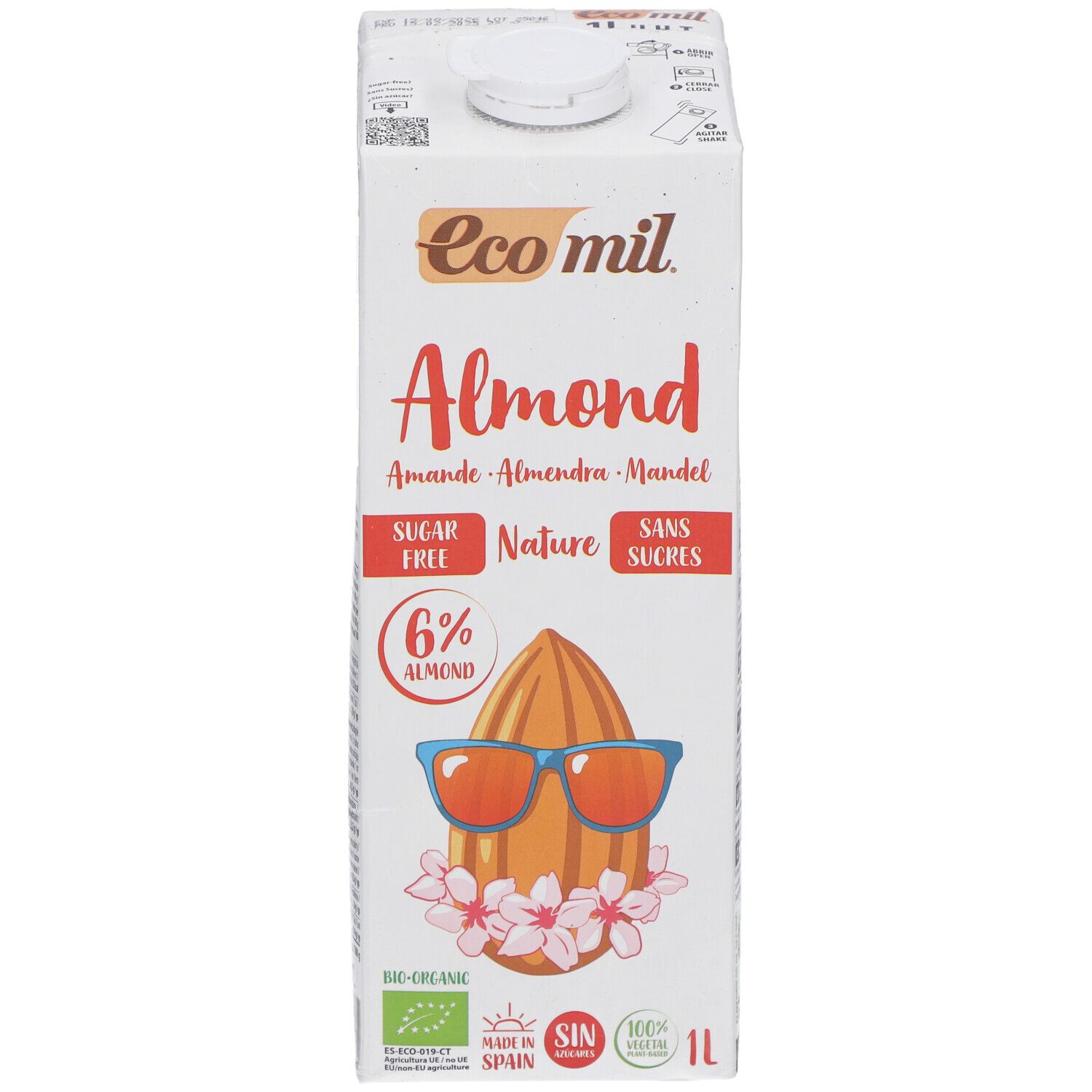 Brique Ecomil Almond. Inscription Almond, sans sucre, 6% amande. Illustration d'une amande avec des lunettes de soleil et des fleurs. 1L.