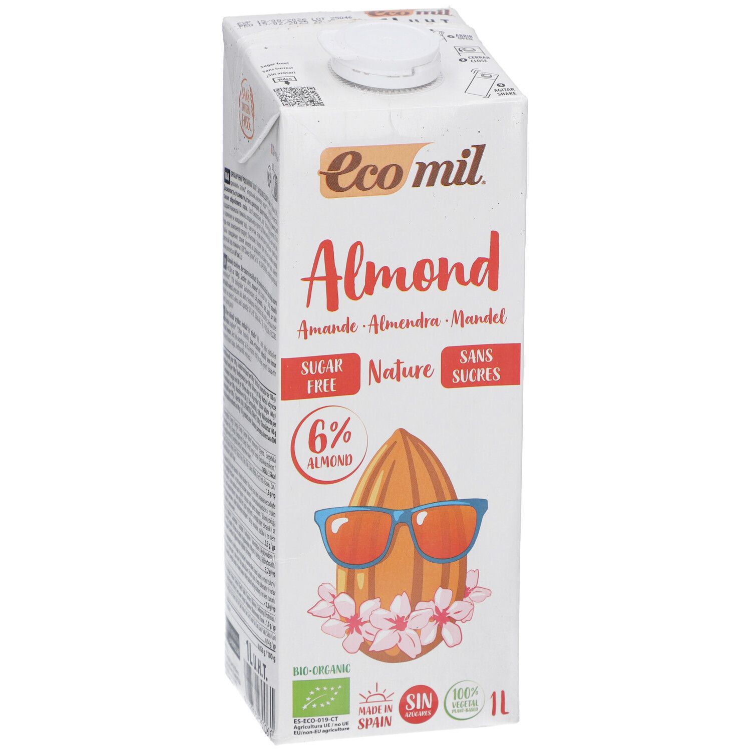 Brique Ecomil Almond. Inscription Almond, sans sucre, 6% amande. Illustration d'une amande avec des lunettes de soleil et des fleurs. 1L.