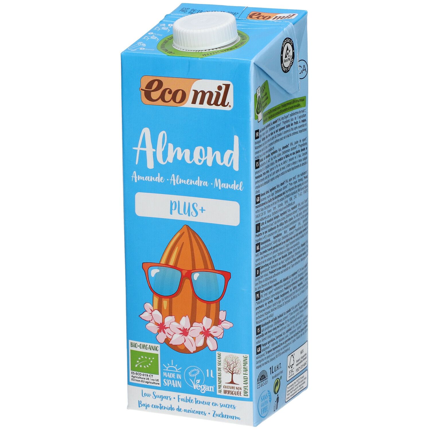 Brique bleue "Ecomil Almond Plus+". Illustration d'amande avec lunettes de soleil. 1L, vegan, label bio.
