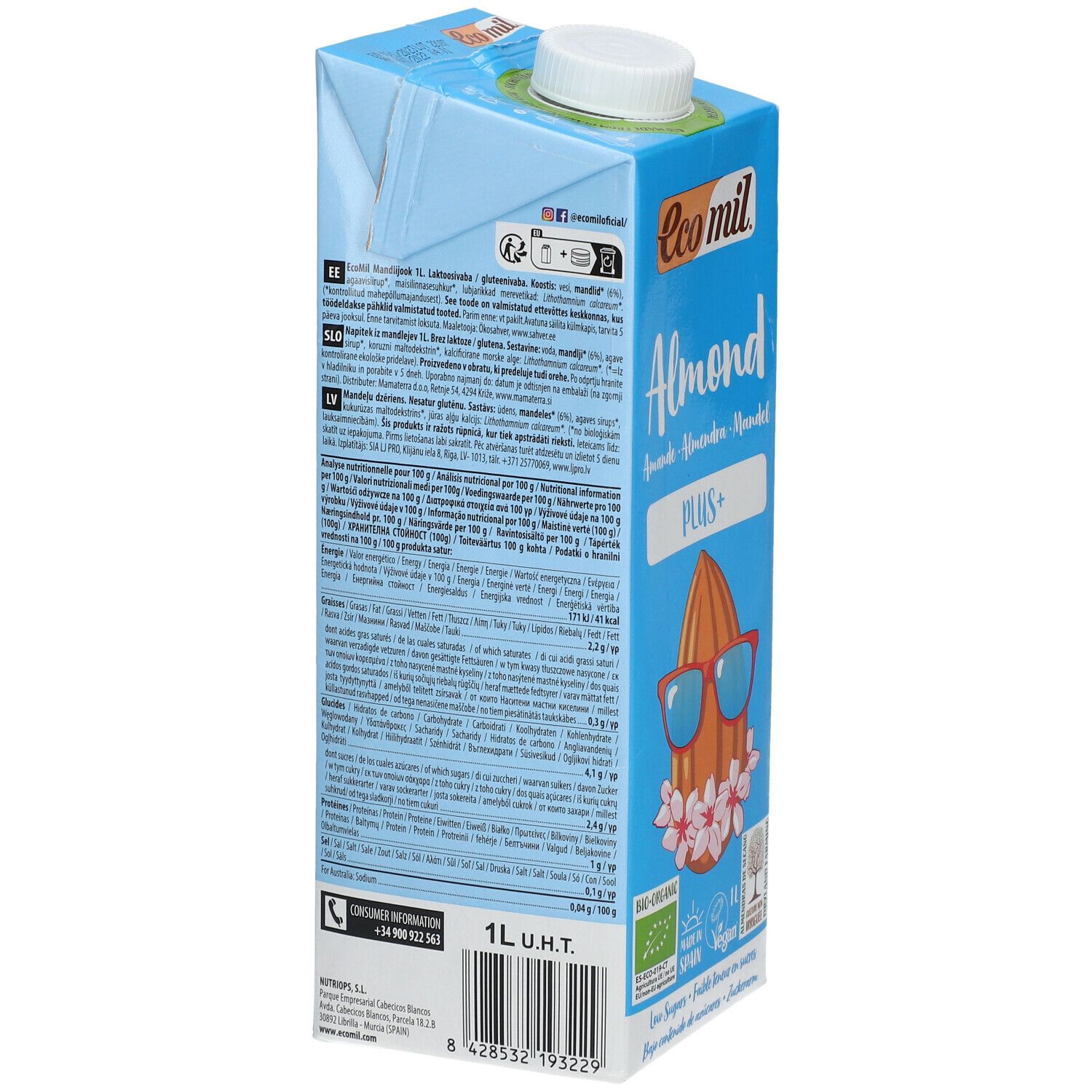 Dos de la brique bleue "Ecomil Almond Plus+". Texte multilingue, informations nutritionnelles, 1L.