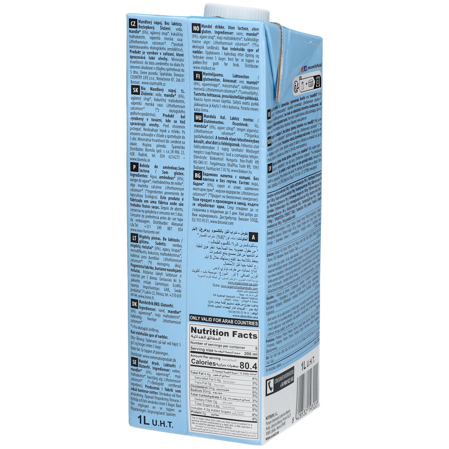 Dos de la brique bleue "Ecomil Almond Plus+". Texte multilingue, informations nutritionnelles, 1L.