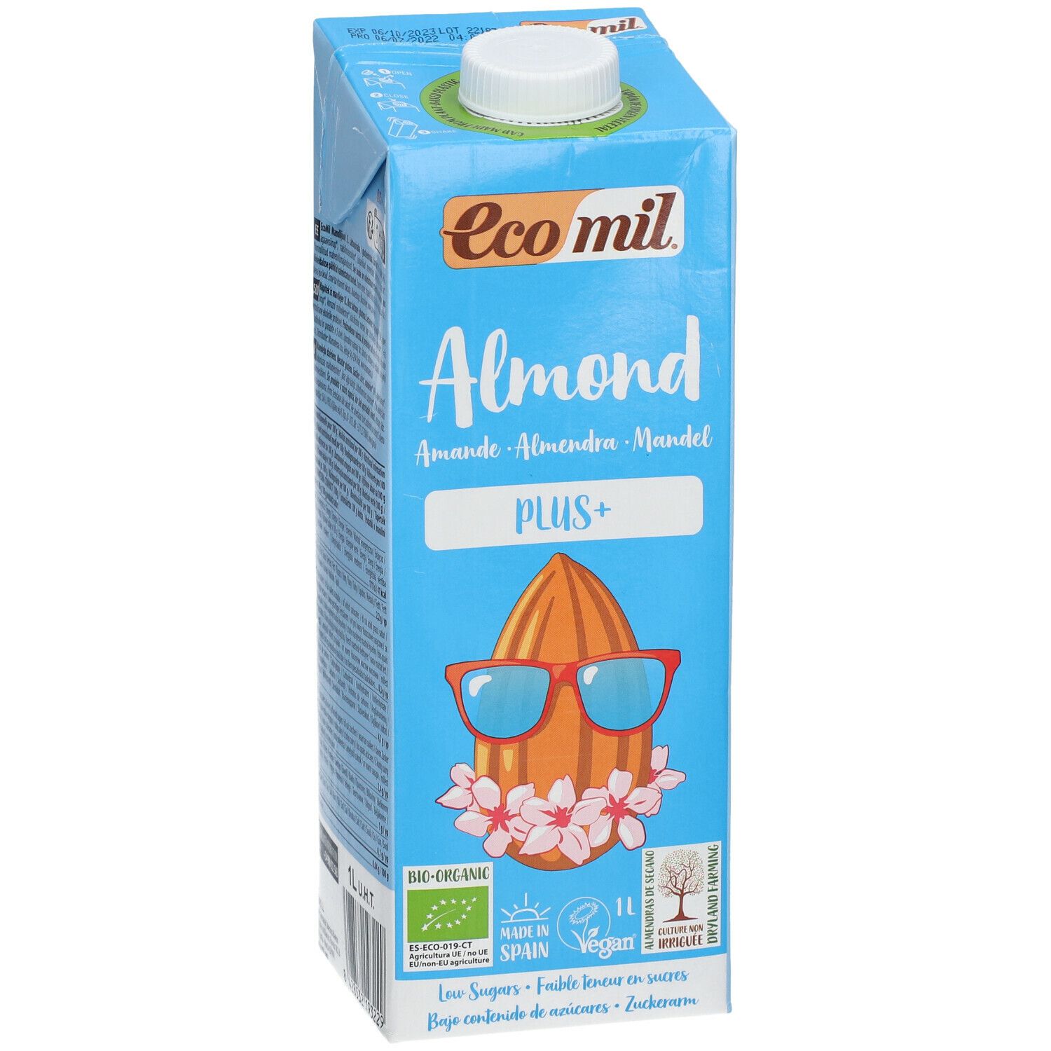 Brique bleue "Ecomil Almond Plus+". Illustration d'amande avec lunettes de soleil. 1L, vegan, label bio.
