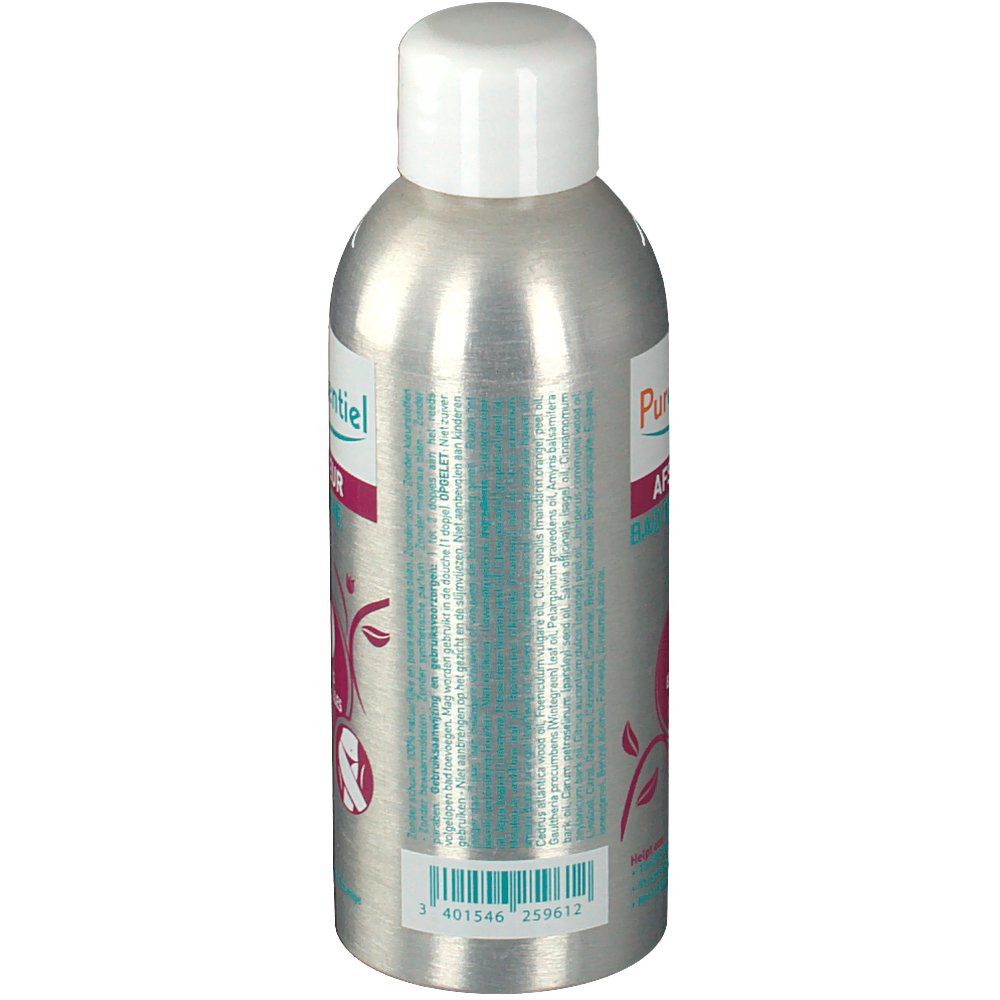 Flacon argenté, bouchon blanc. Inscription: Puressentiel, Minceur Bain-Douche, 18 Huiles Essentielles. Étiquette avec motif floral.
