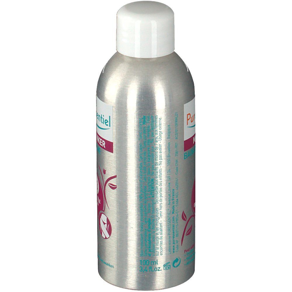 Flacon argenté, bouchon blanc. Inscription: Puressentiel, Afslanker Bad Douche, 18 Essentiële oliën. Étiquette avec motif floral. 100 ml.