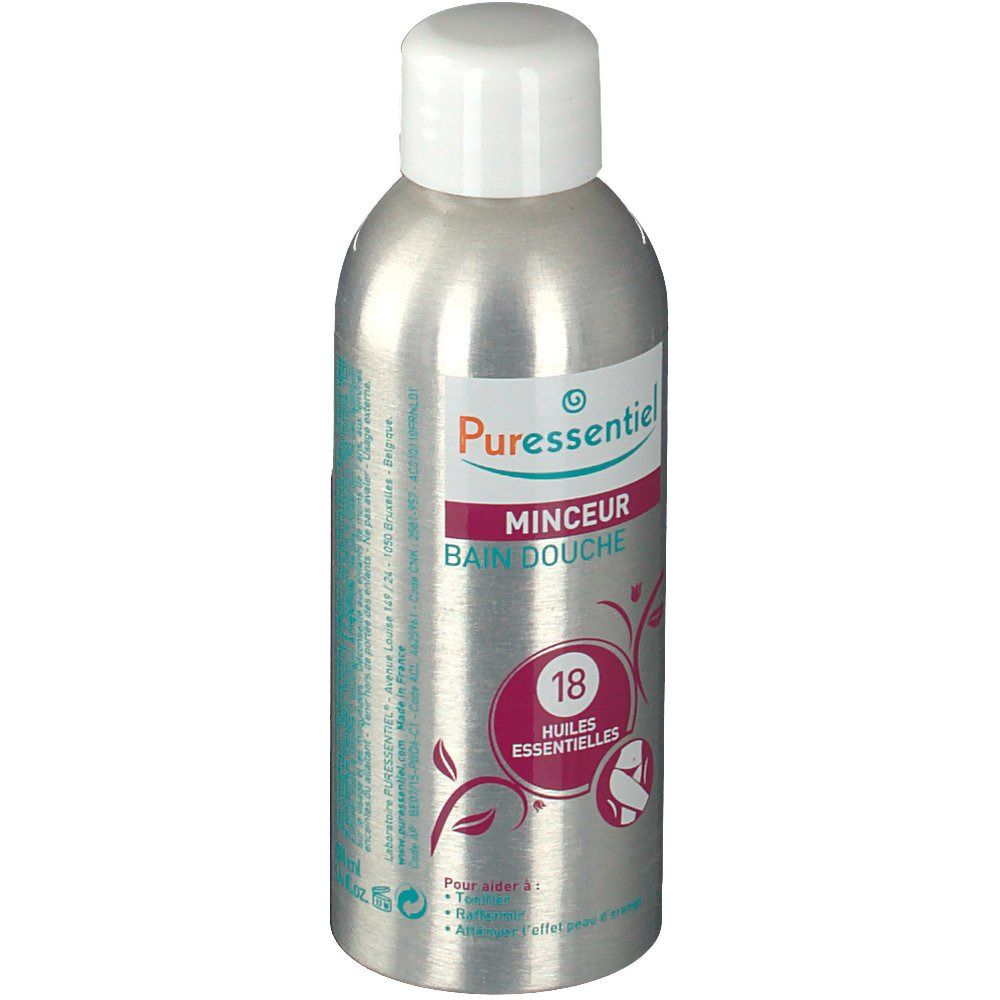 Flacon argenté, bouchon blanc. Inscription: Puressentiel, Minceur Bain-Douche, 18 Huiles Essentielles. Étiquette avec motif floral.