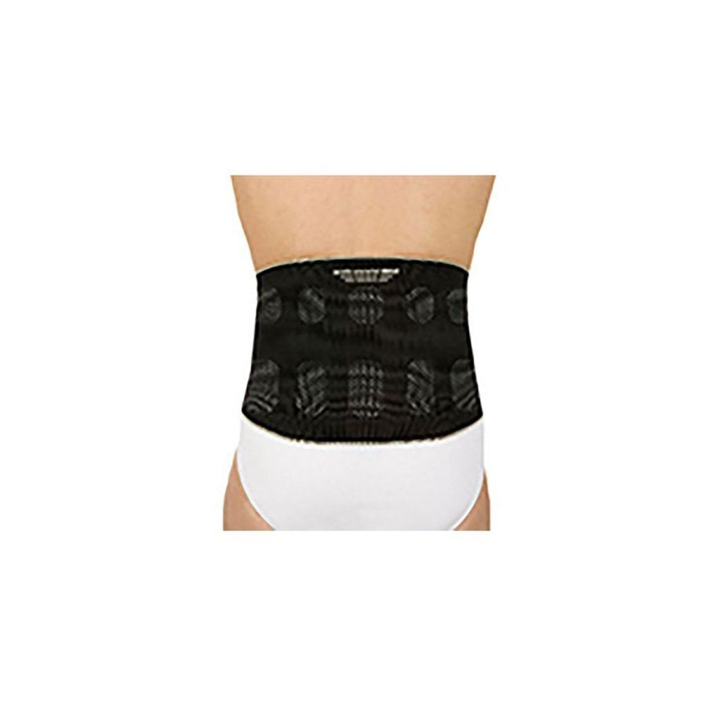 Ceinture dorsale noire. Montre le bas du dos. Avec éléments et texte visibles.