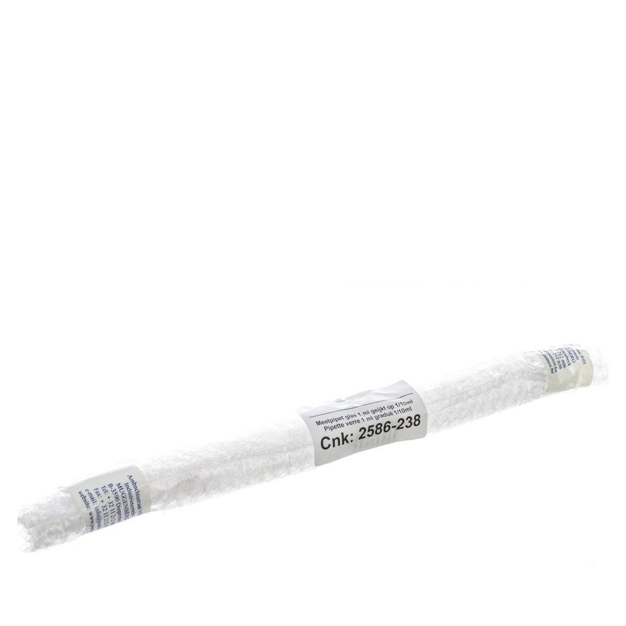 Pipette en verre dans un emballage plastique. Étiquette avec texte et numéro Cnk: 2586-238. Produit blanc.