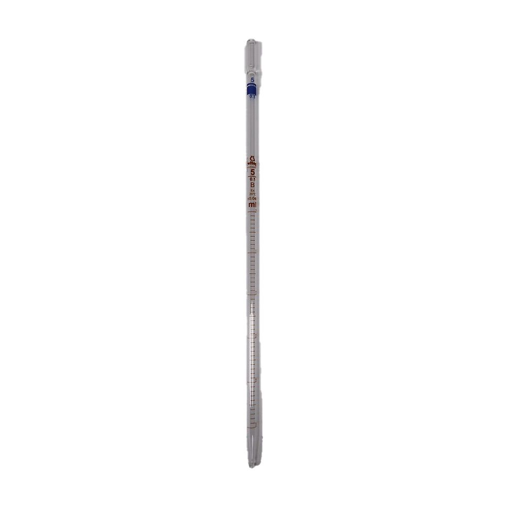 Pipette en verre, pointe bleue, graduations 1/10 ml. Inscriptions.
