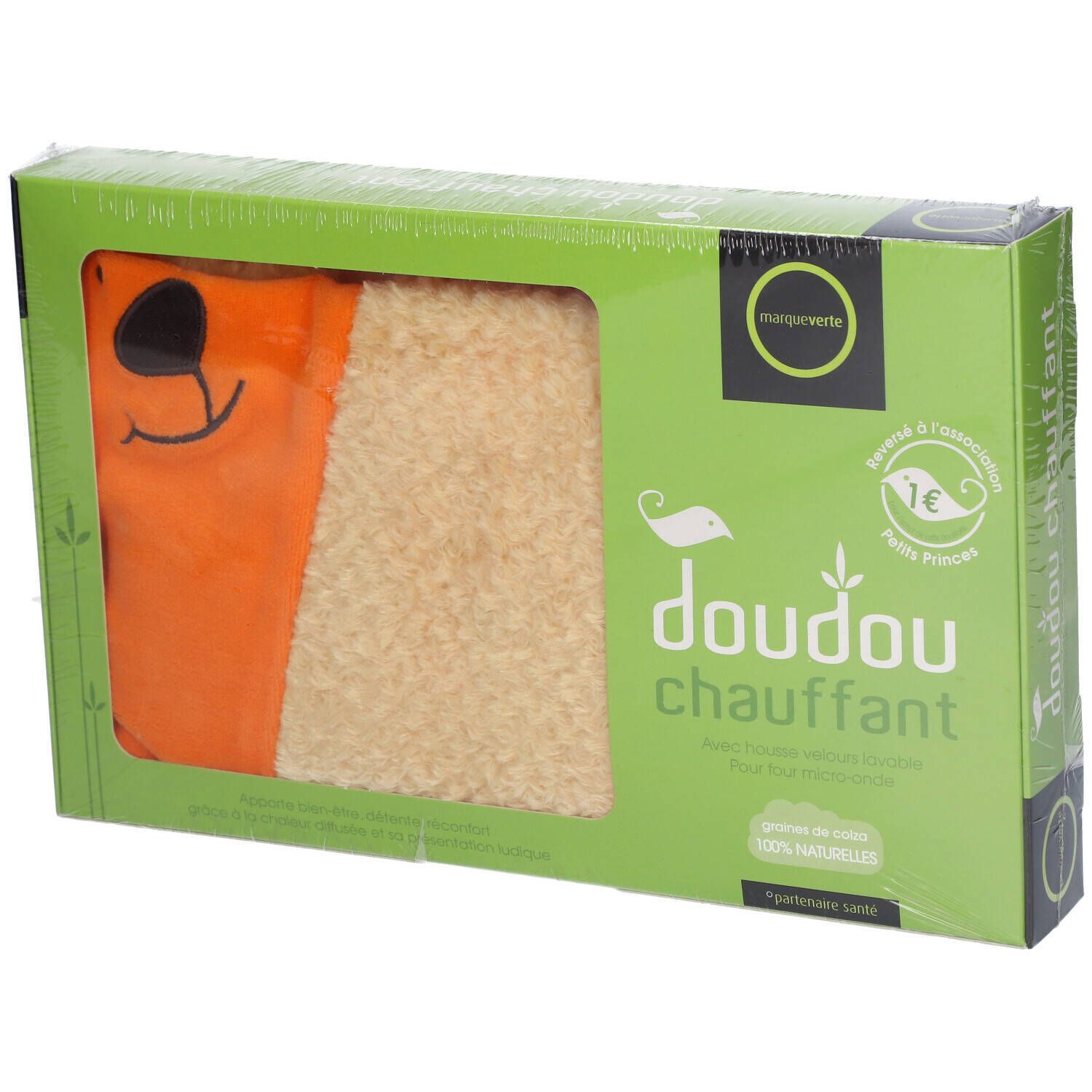 Emballage vert. Coussin chauffant avec visage orange et fourrure beige. Texte: doudou chauffant, marque verte.