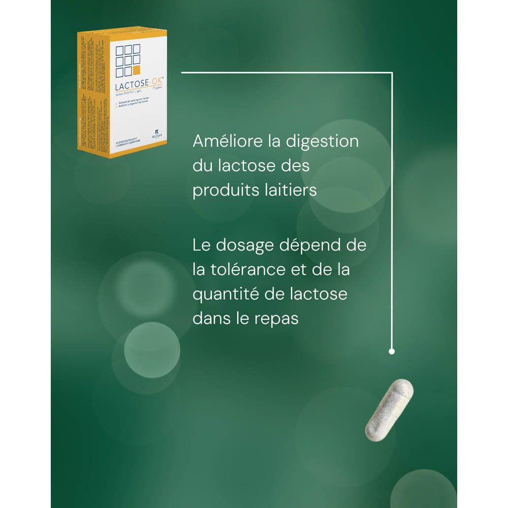 Graphique avec une capsule et texte en français. Boîte "LACTOSE-OK" en arrière-plan.