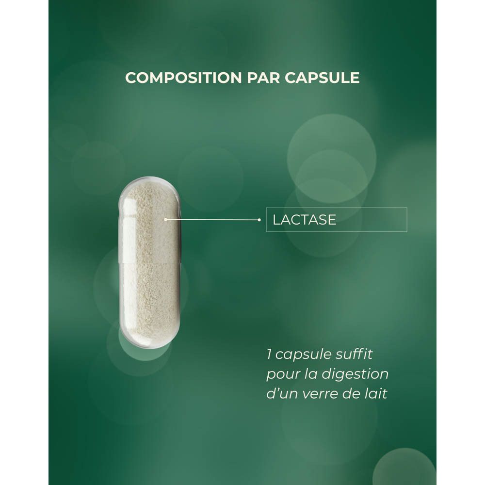 Gros plan d'une capsule avec texte en français. Étiquetée "LACTASE". Fond vert.