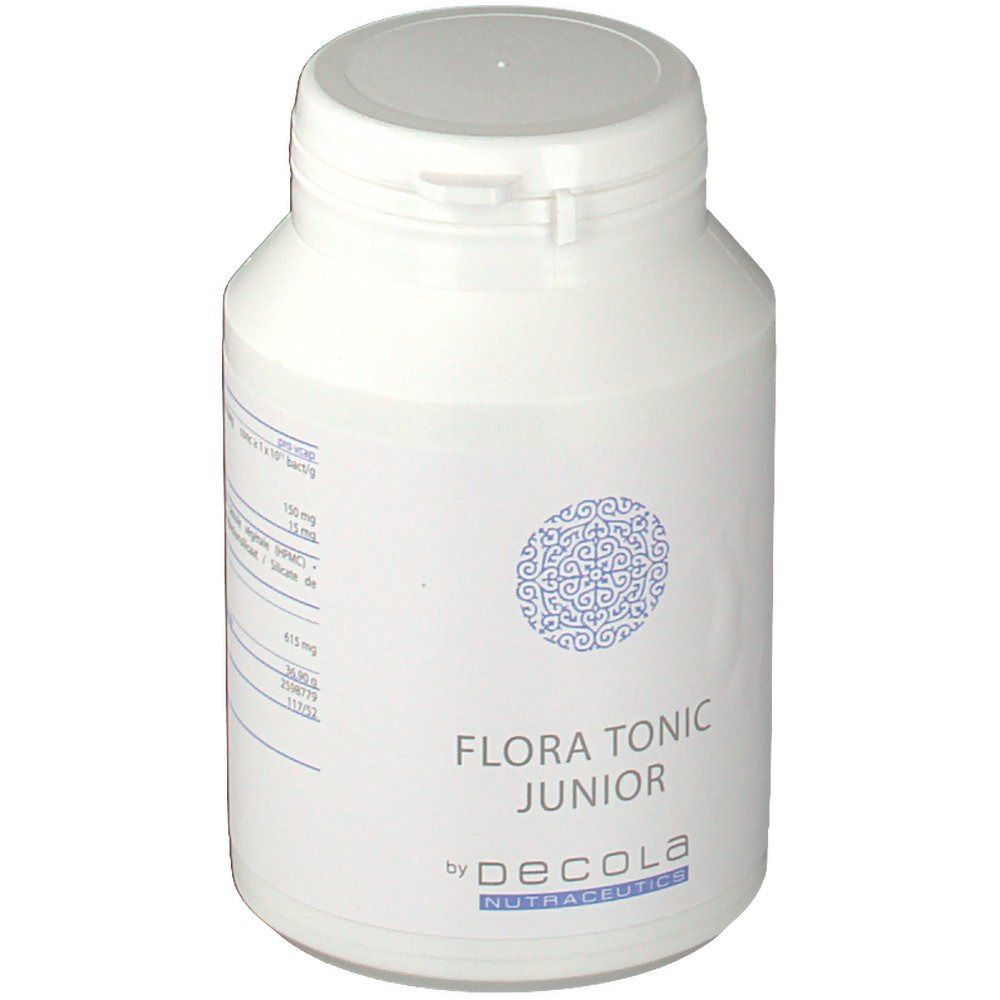 Flacon blanc avec couvercle. Inscription : Flora Tonic Junior by Decola. Motif bleu.