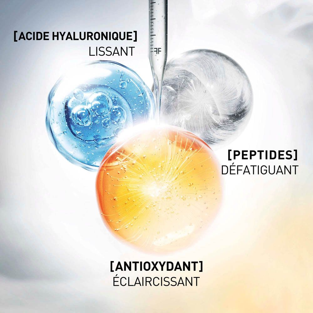 Graphique avec ingrédients. Texte : Acide hyaluronique, peptides, antioxydant.