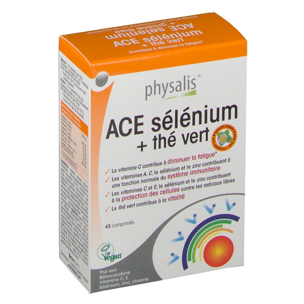 Boîte 'ACE sélénium + thé vert'. Orange et blanche. Inscriptions : 'physalis', '45 comprimés', 'Vegan'.