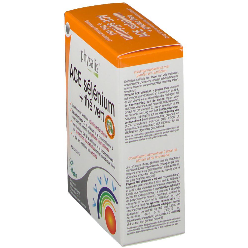 Boîte 'ACE sélénium + thé vert'. Orange et blanche. Inscriptions : 'physalis', '45 comprimés', 'Vegan'.
