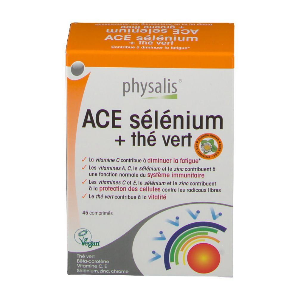Boîte 'ACE sélénium + thé vert'. Orange et blanche. Inscriptions : 'physalis', '45 comprimés', 'Vegan'.