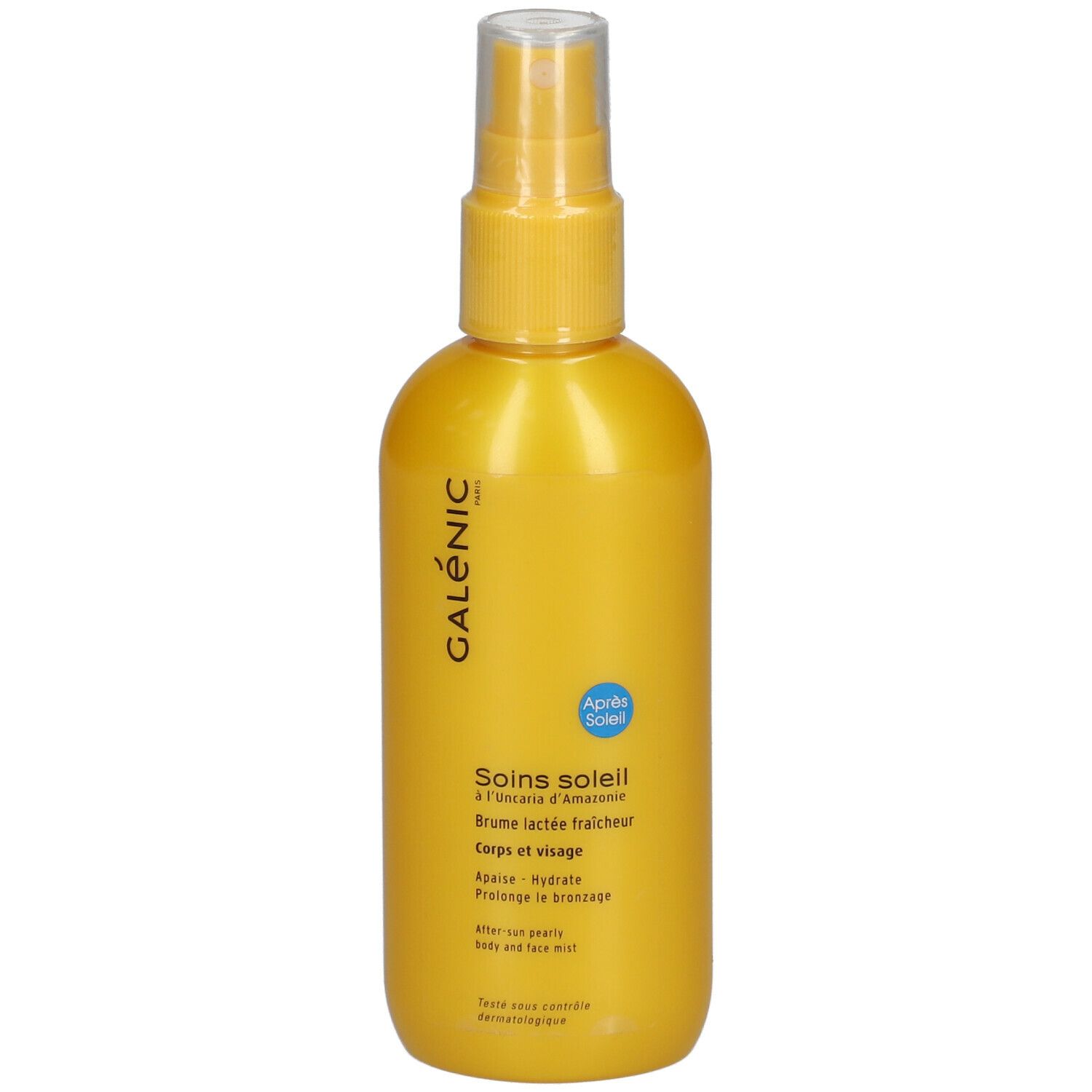 Flacon jaune avec vaporisateur. Inscription: Galénic, Soins soleil, Corps et visage. Avec bouchon.