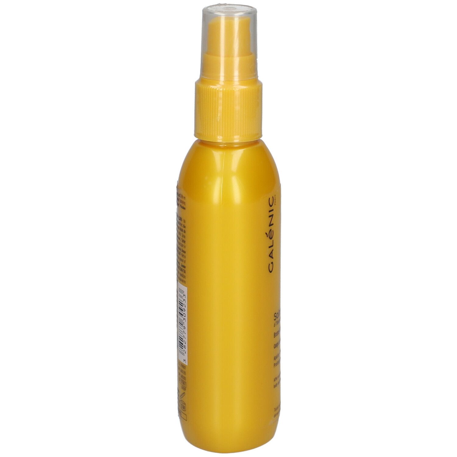 Flacon jaune avec vaporisateur. Inscription: Galénic. Texte sur le côté. Bouchon transparent.