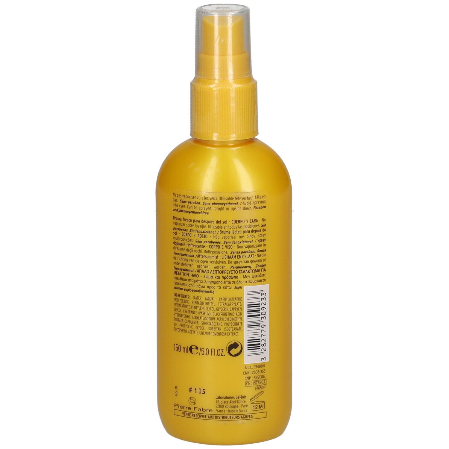 Flacon jaune avec vaporisateur. Inscription: Galénic. Texte et ingrédients. 150 ml.