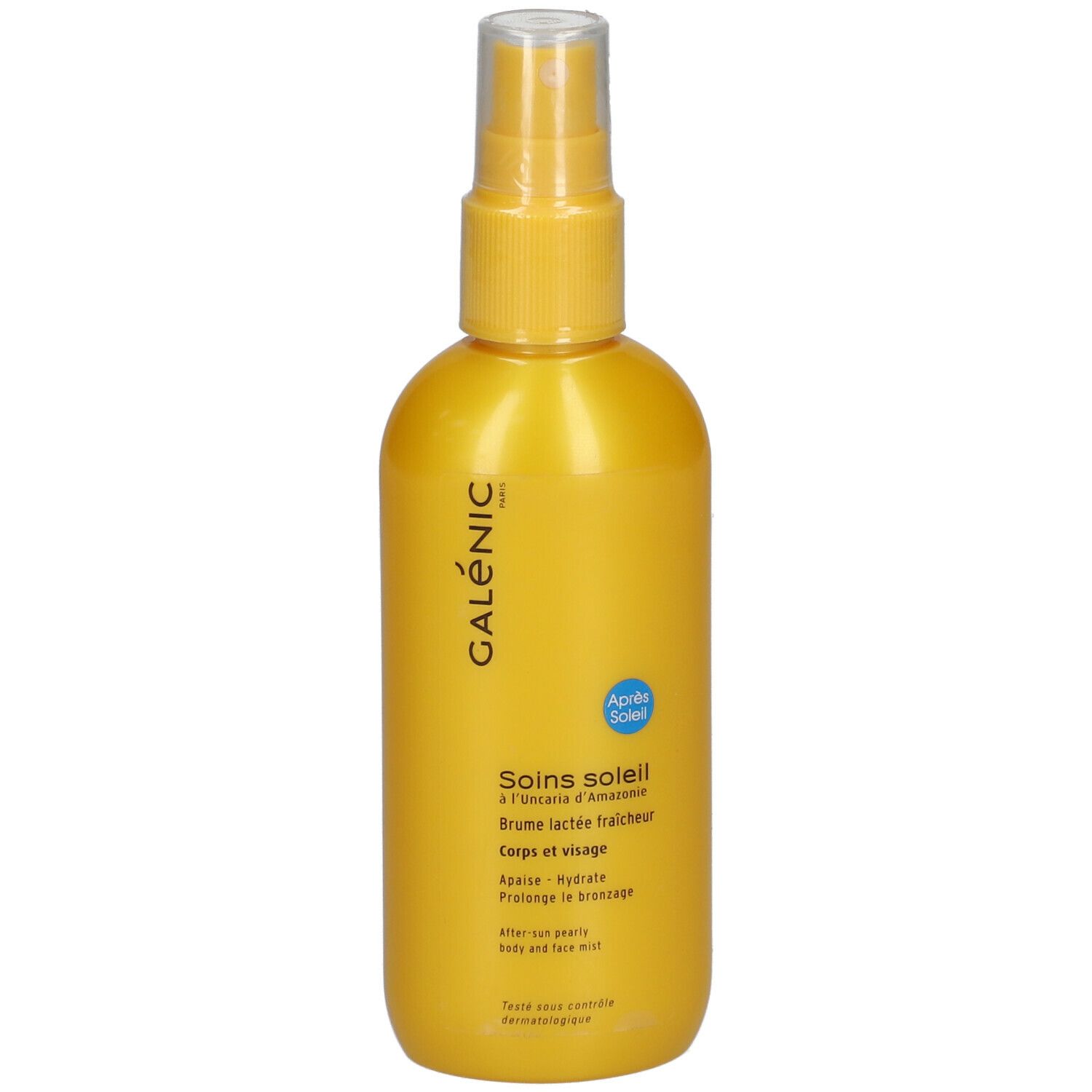 Flacon jaune avec vaporisateur. Inscription: Galénic, Soins soleil, Corps et visage. Avec bouchon.