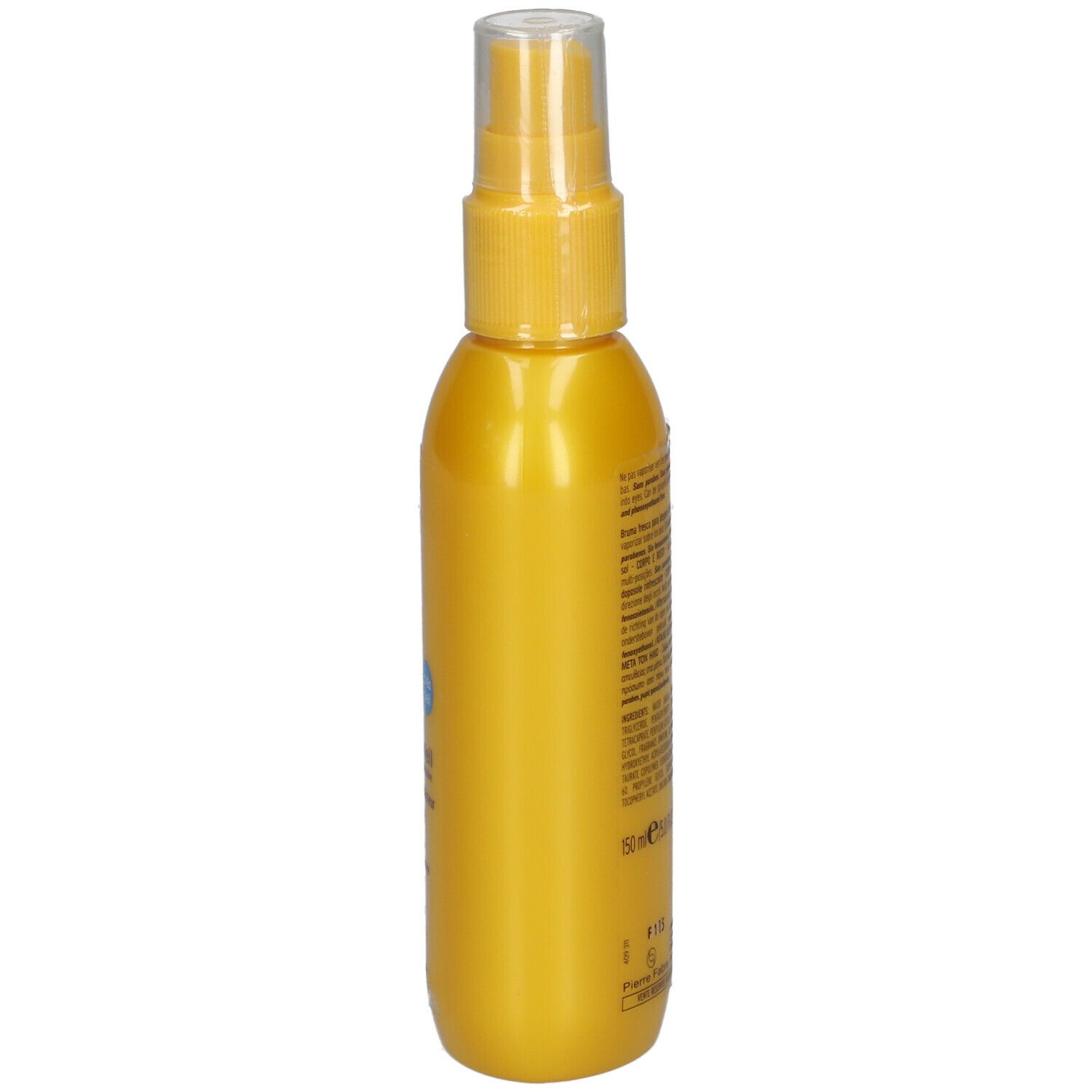 Flacon jaune avec vaporisateur. Inscription: Galénic. Texte sur le côté. Bouchon transparent.