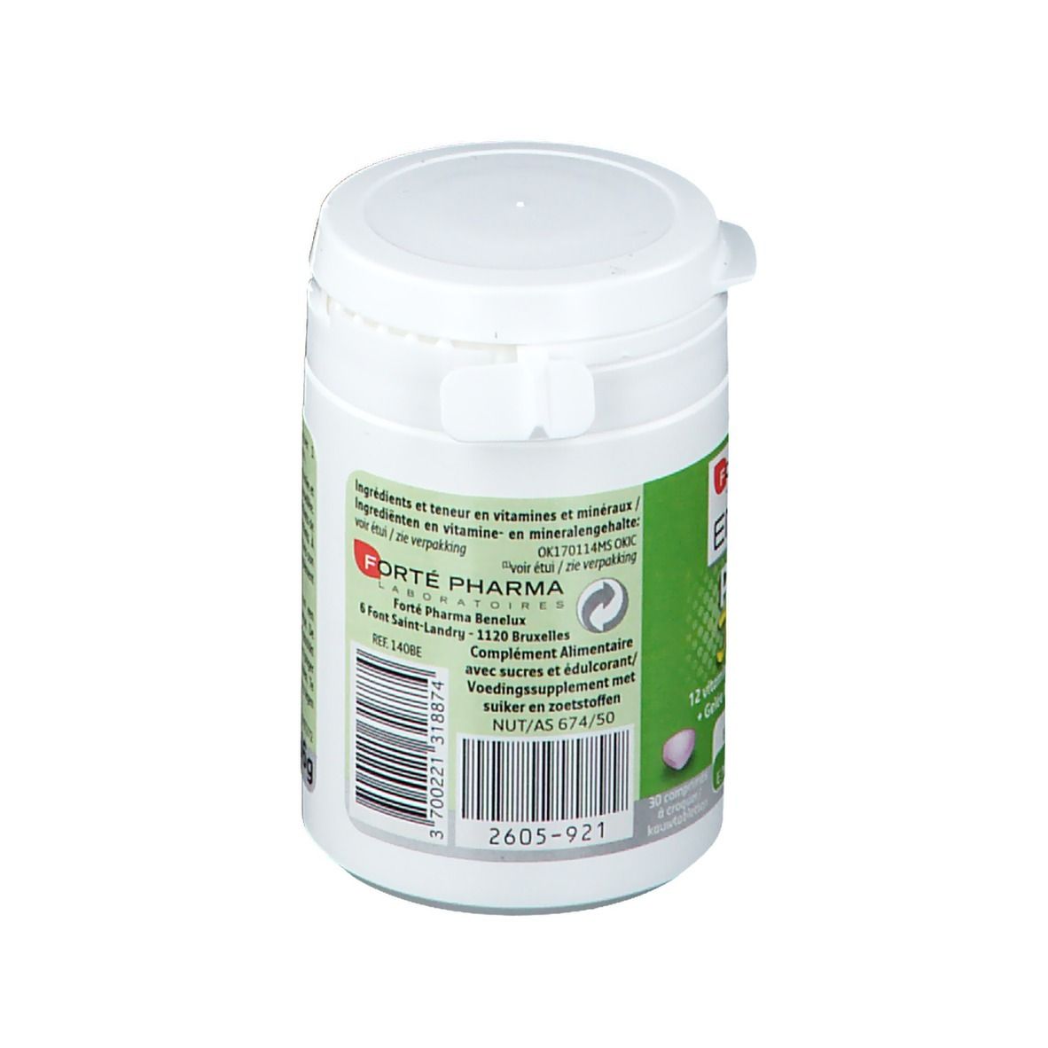 Boîte blanche avec étiquette verte. Texte: Energie Power Junior. Code-barres et informations produit au dos.