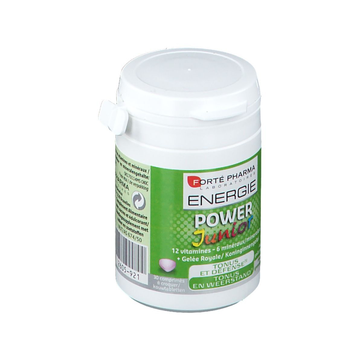 Boîte blanche avec étiquette verte. Texte: Energie Power Junior, 12 vitamines, 6 minéraux, Gelée Royale. Couvercle avec fermeture.